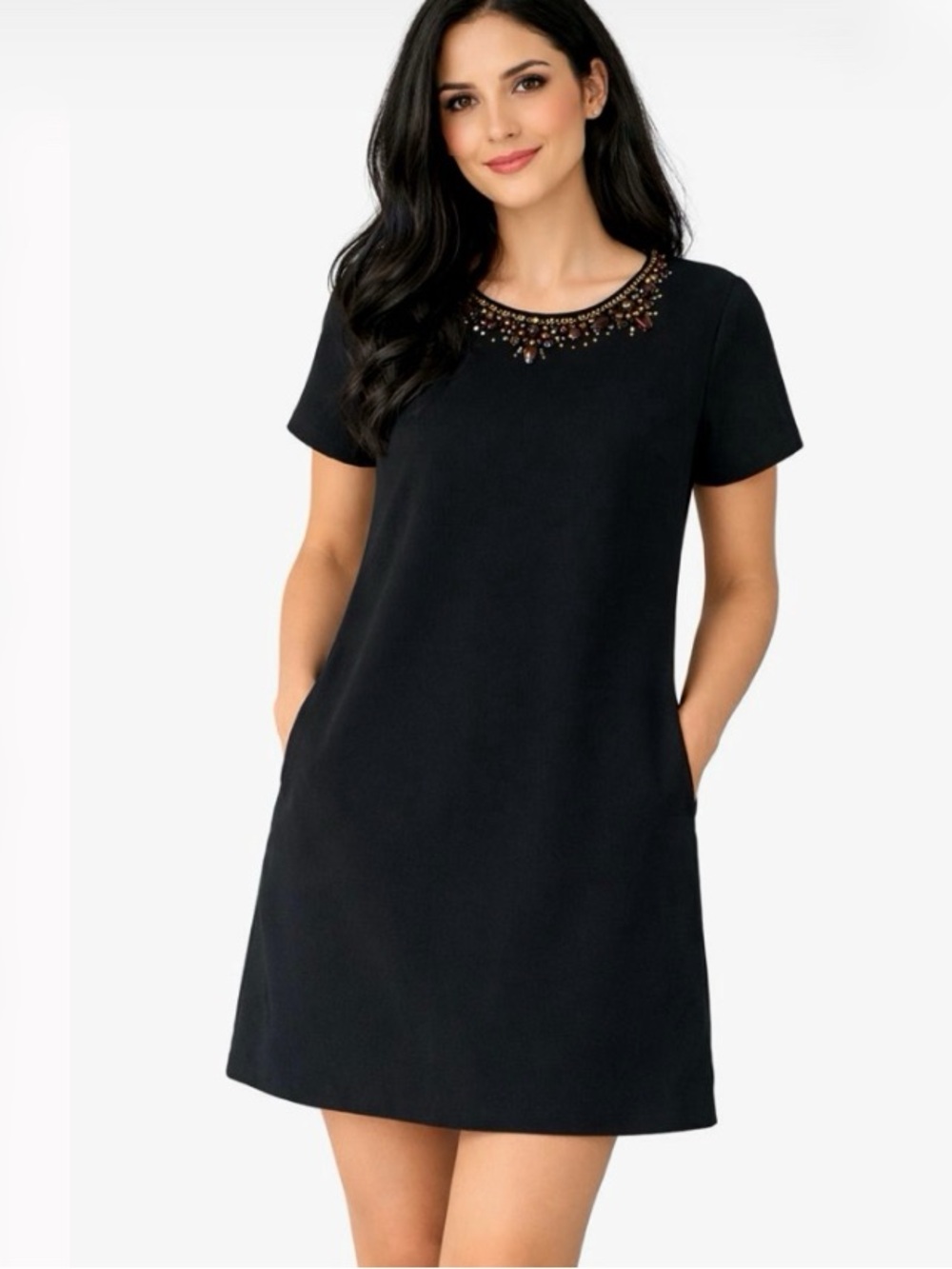 Kate Spade Black Short Sleeve Shift Dress Jeweled Neckline Pockets
